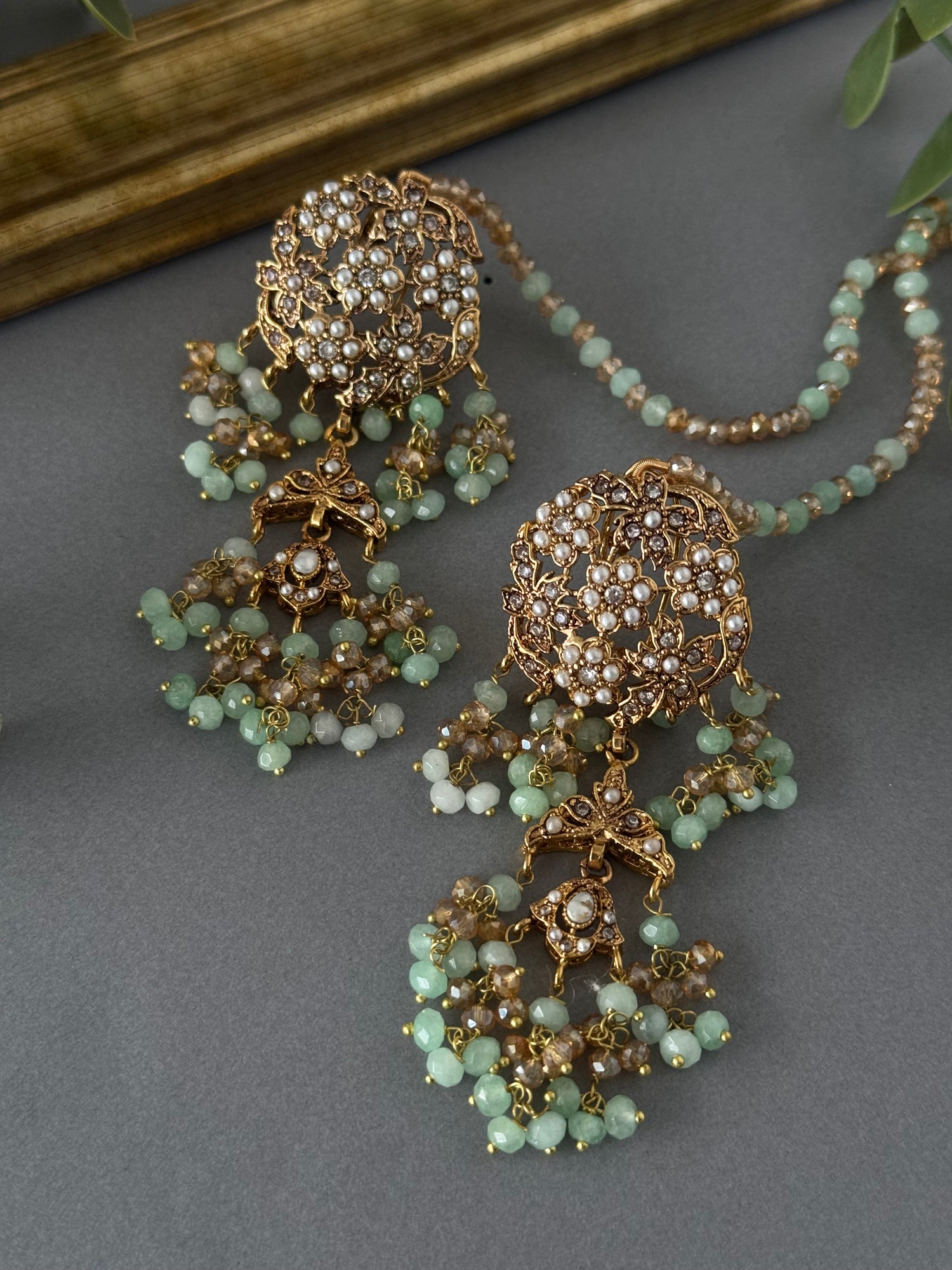 Floral Jadau Danglers- Mint