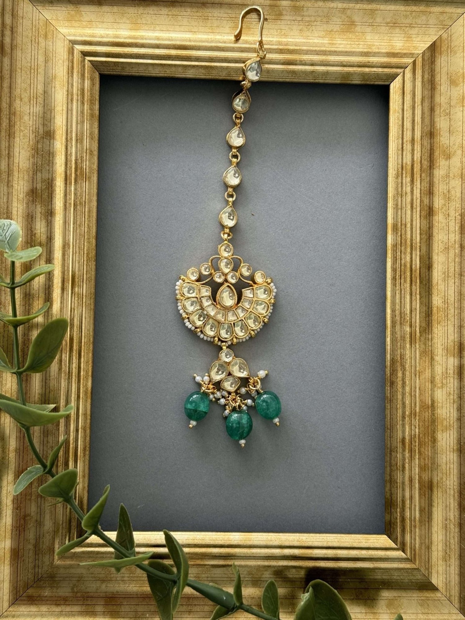 Gold Kundan Tikka – Green Onyx - nk collection
