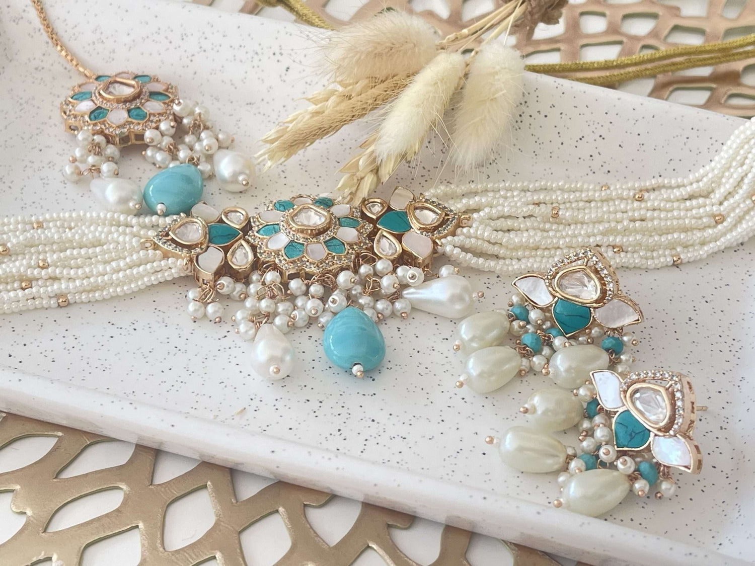 Feroza Turquoise & Pearl Choker Set