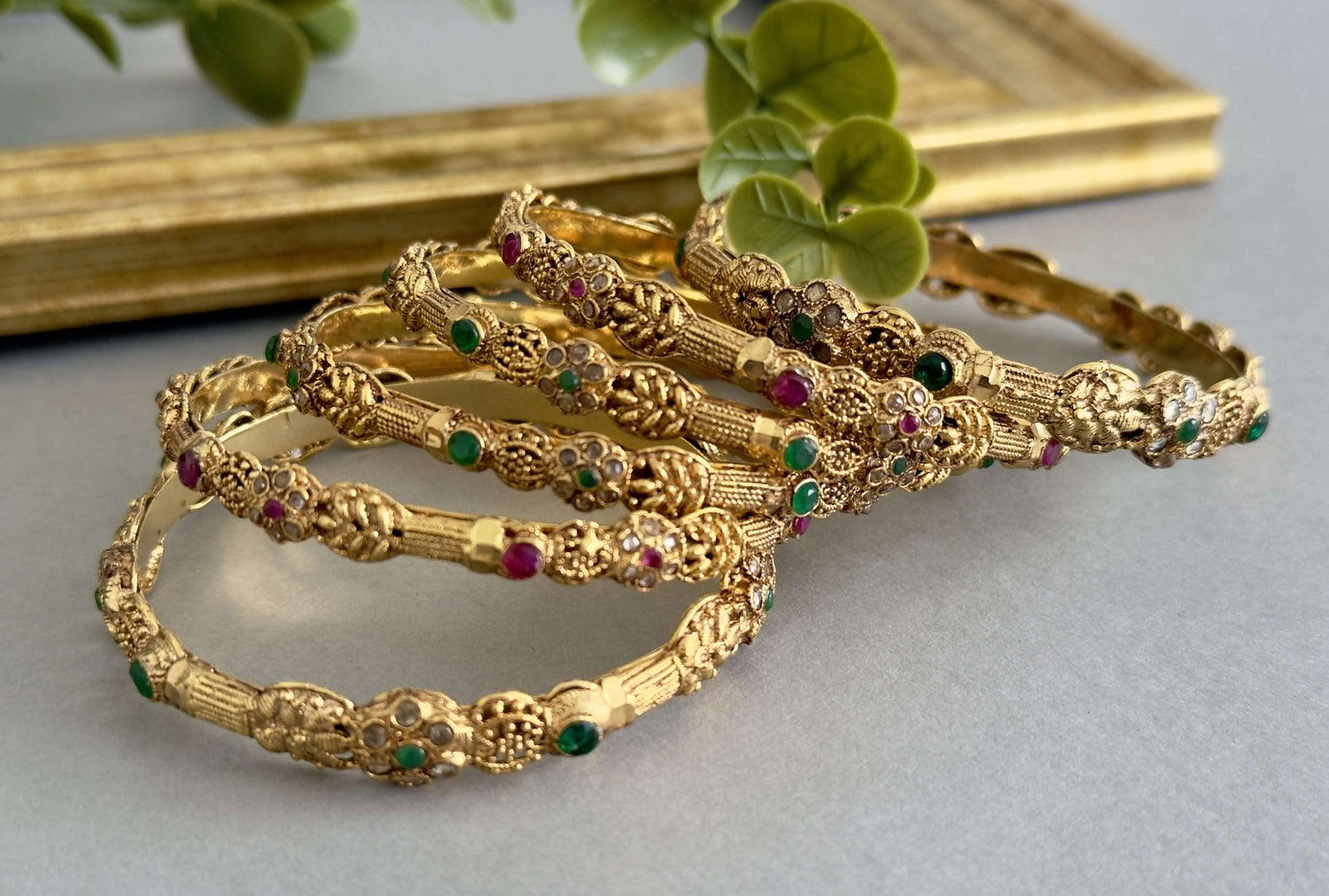 Gold Bangle Set – Ruby Green