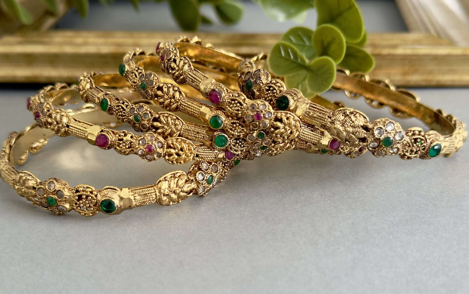 Gold Bangle Set – Ruby Green
