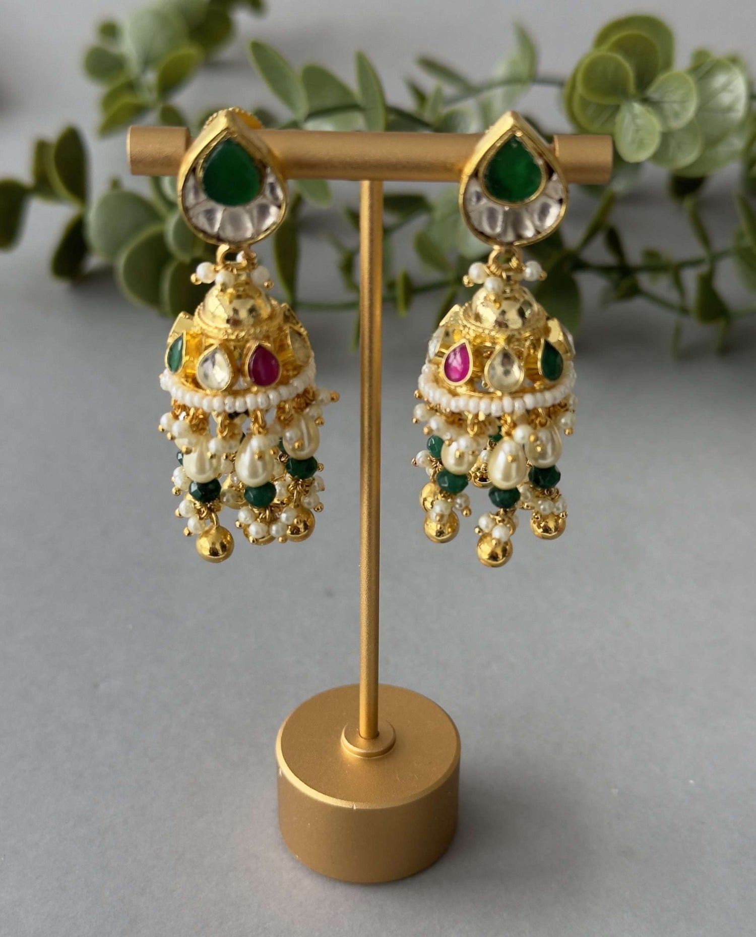 Kundan Small Jhumki – Ruby Green
