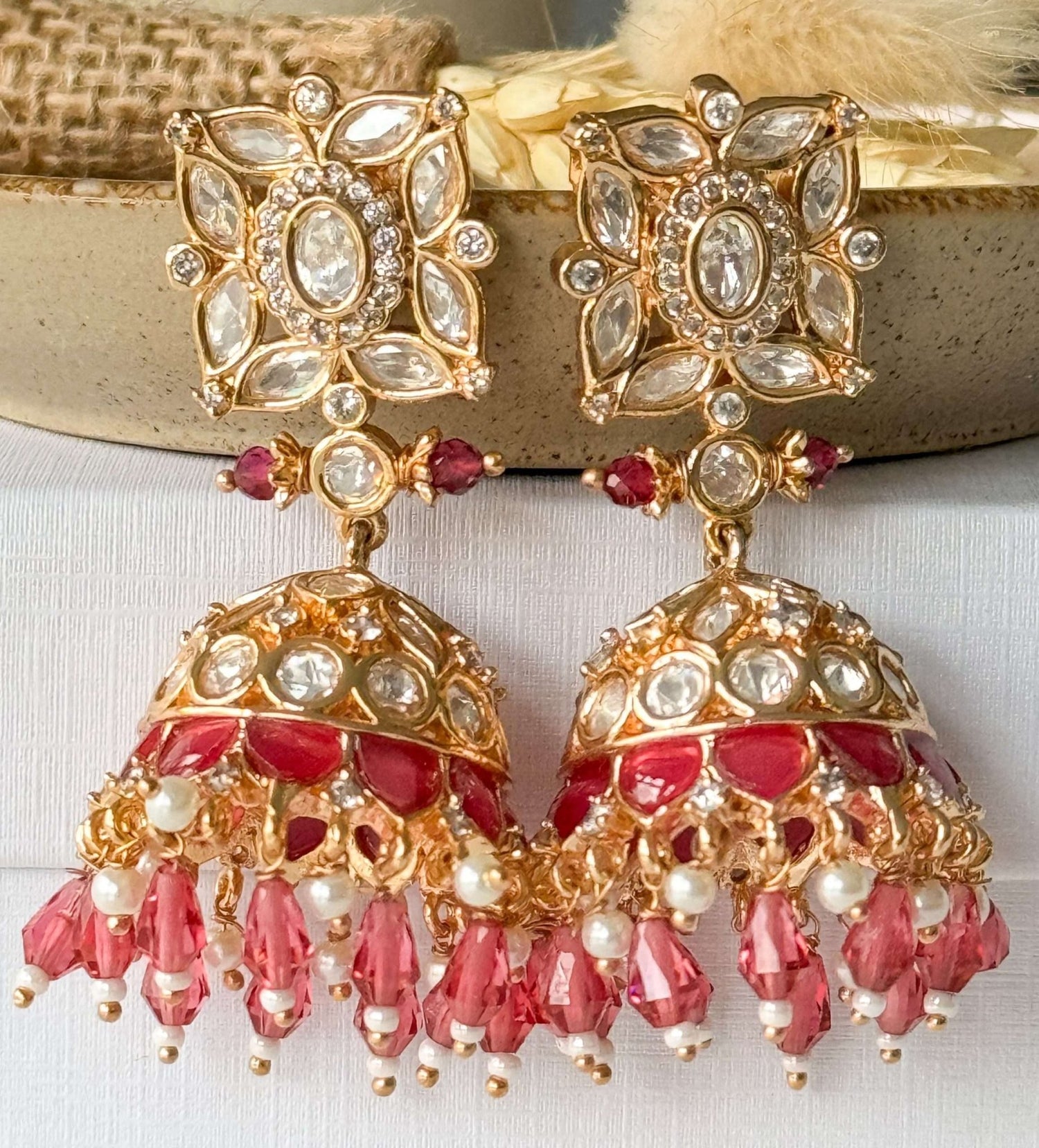 Lara Square Jhumke Set – Ruby pink - nk collection