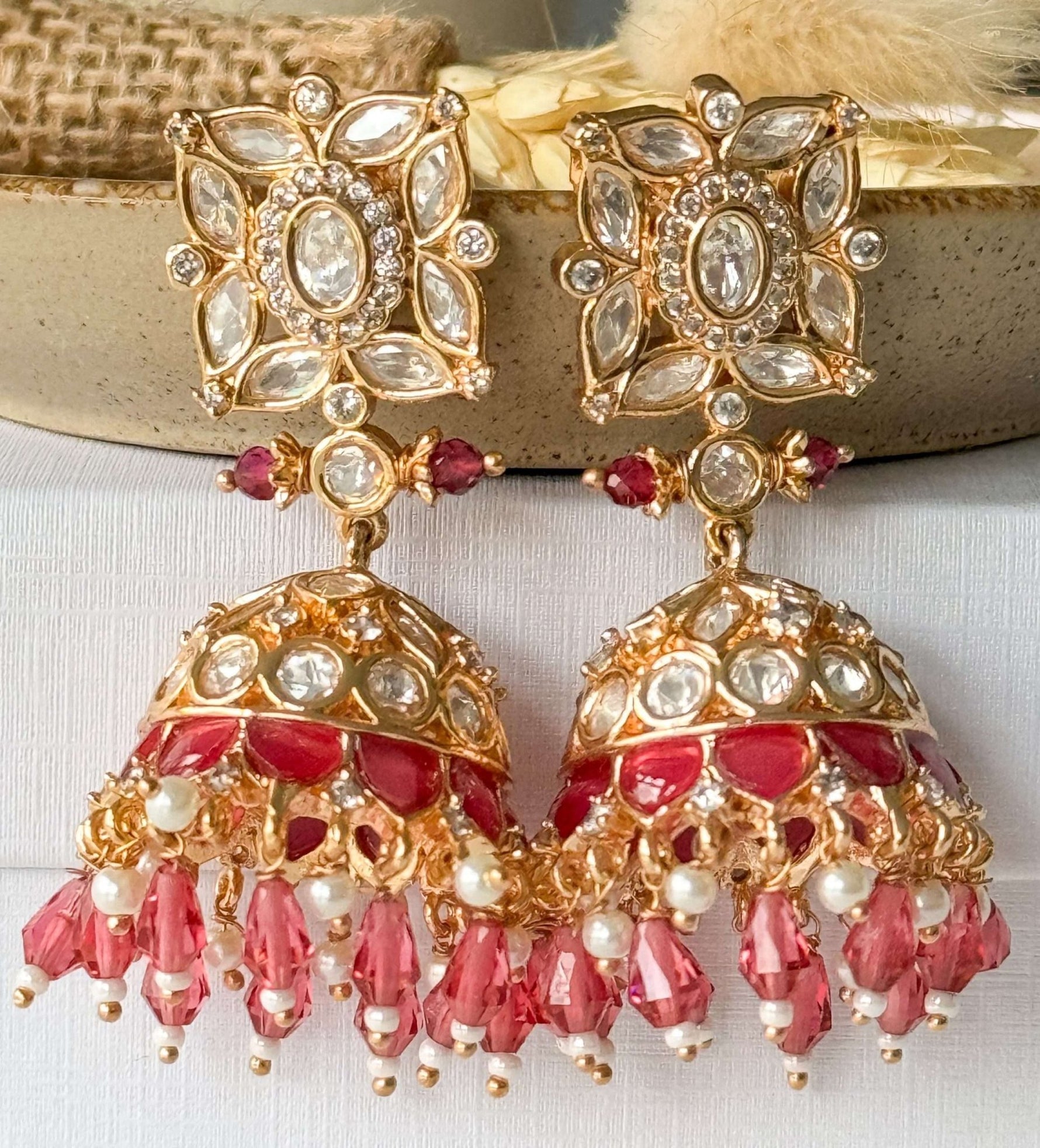 Lara Square Jhumke Set – Ruby pink - nk collection