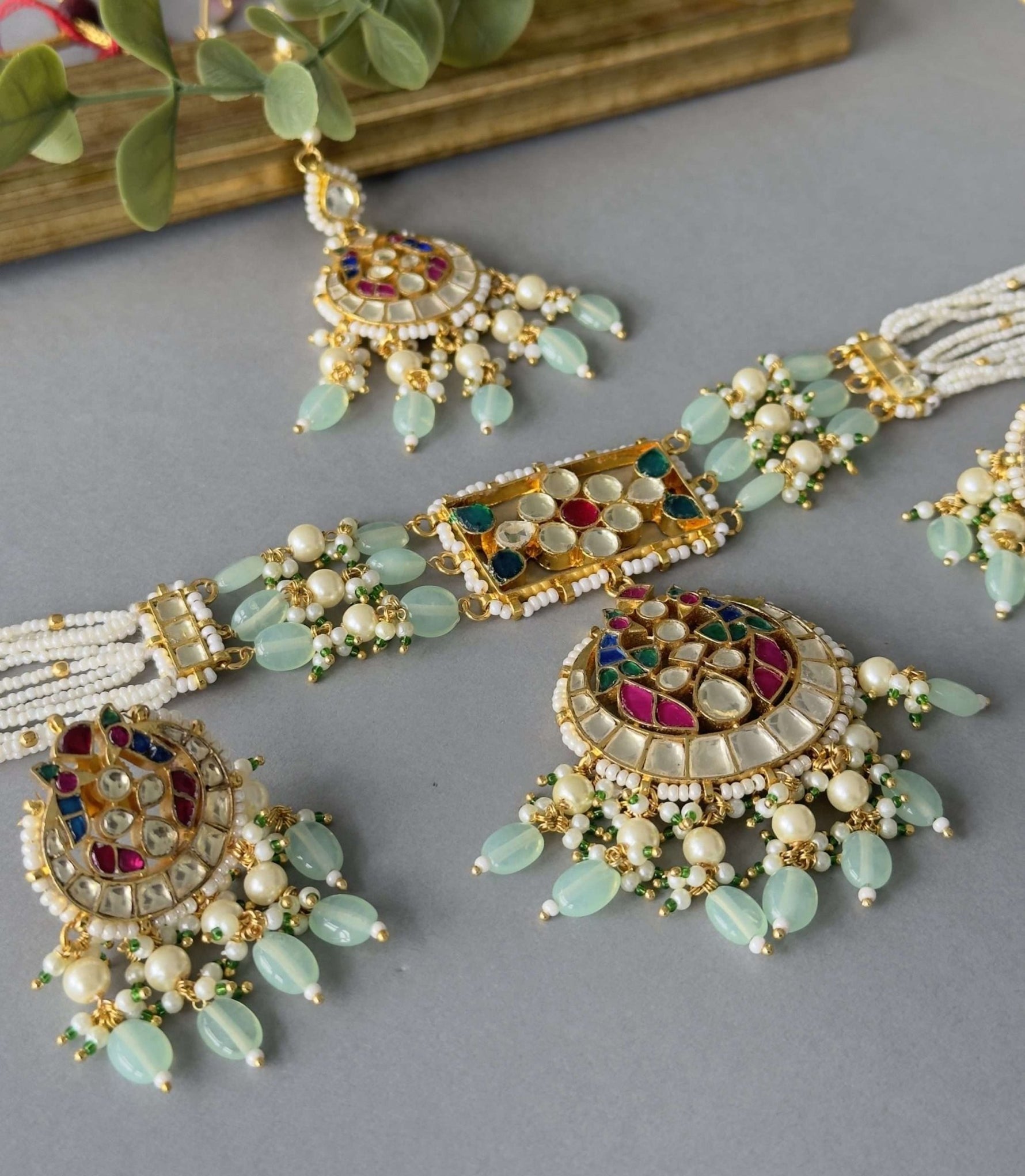 Multi Kundan Choker Set – Mint Drop - nk collection