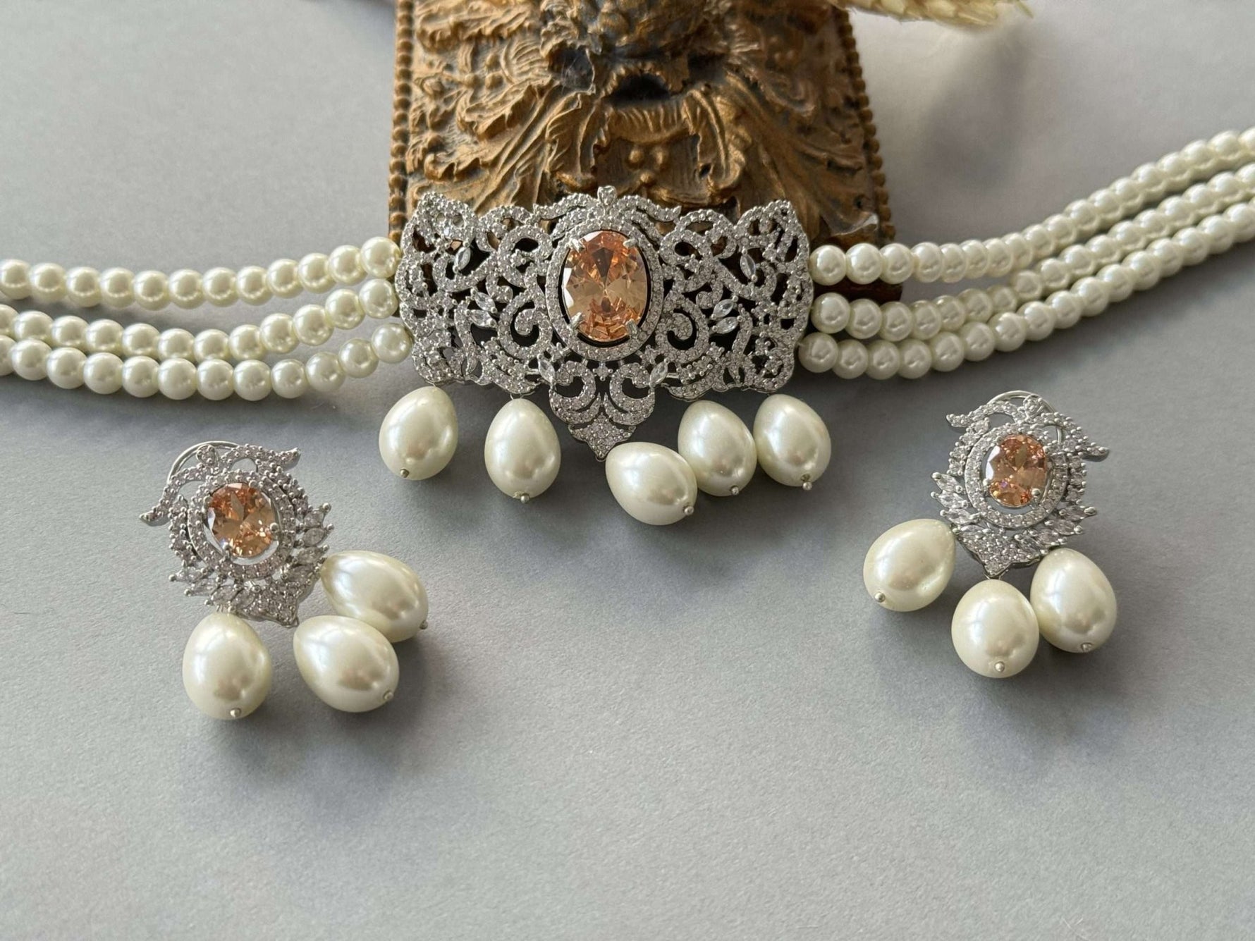 Oval Pearl Choker Set – Champagne - nk collection