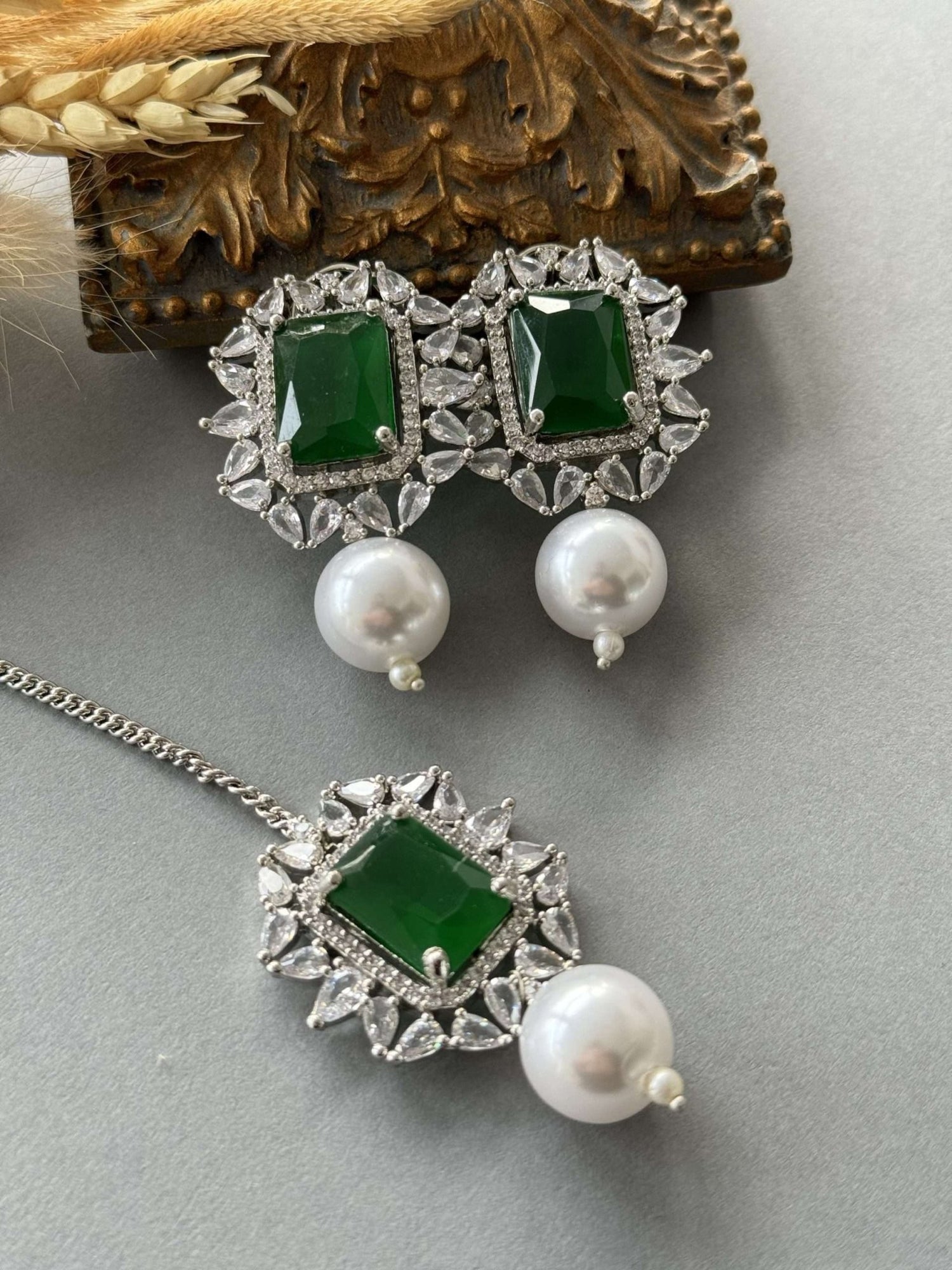 Pearl Drop Sq Tops & Tikka – Silver Emerald - nk collection