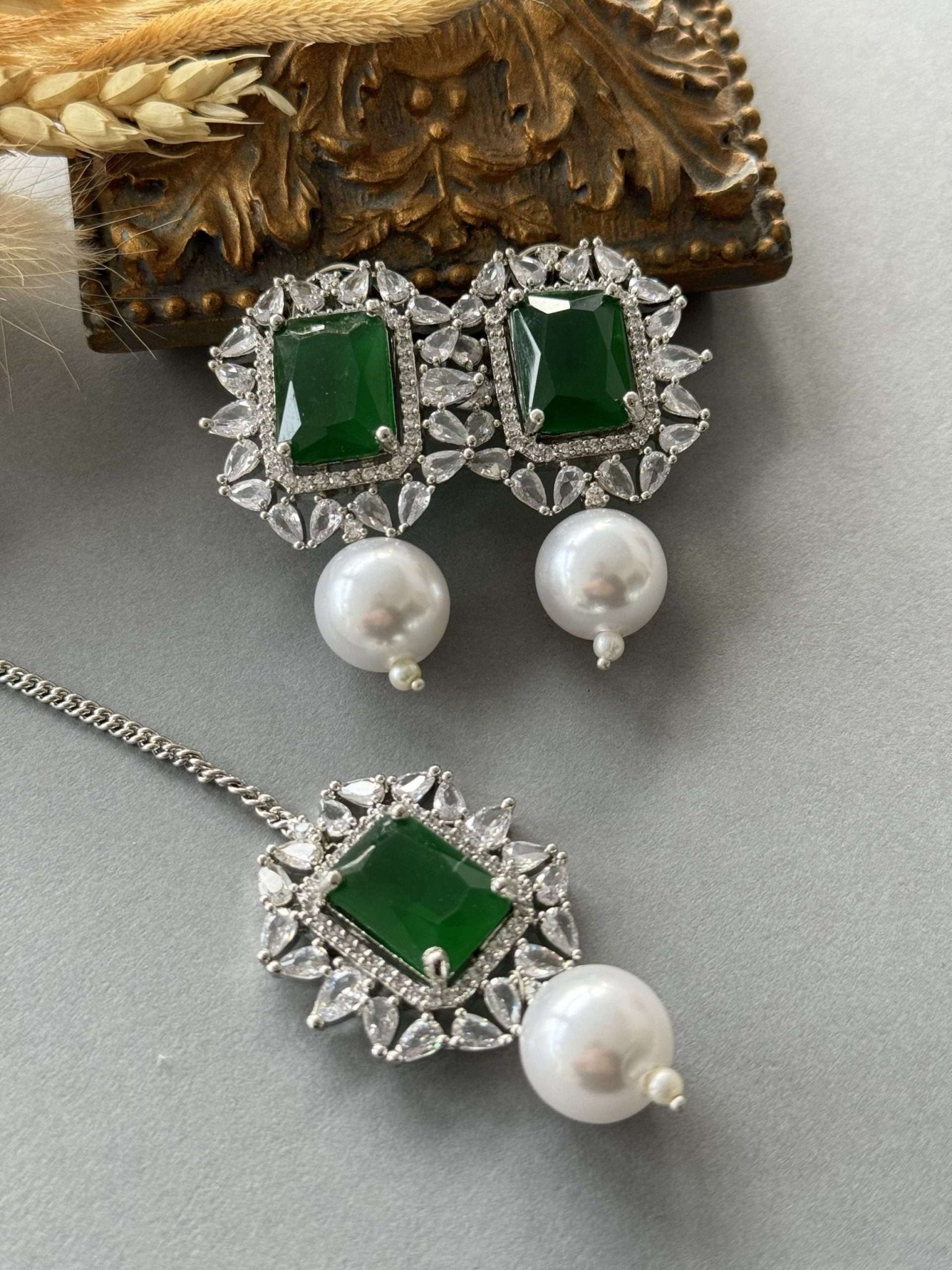 Pearl Drop Sq Tops & Tikka – Silver Emerald - nk collection