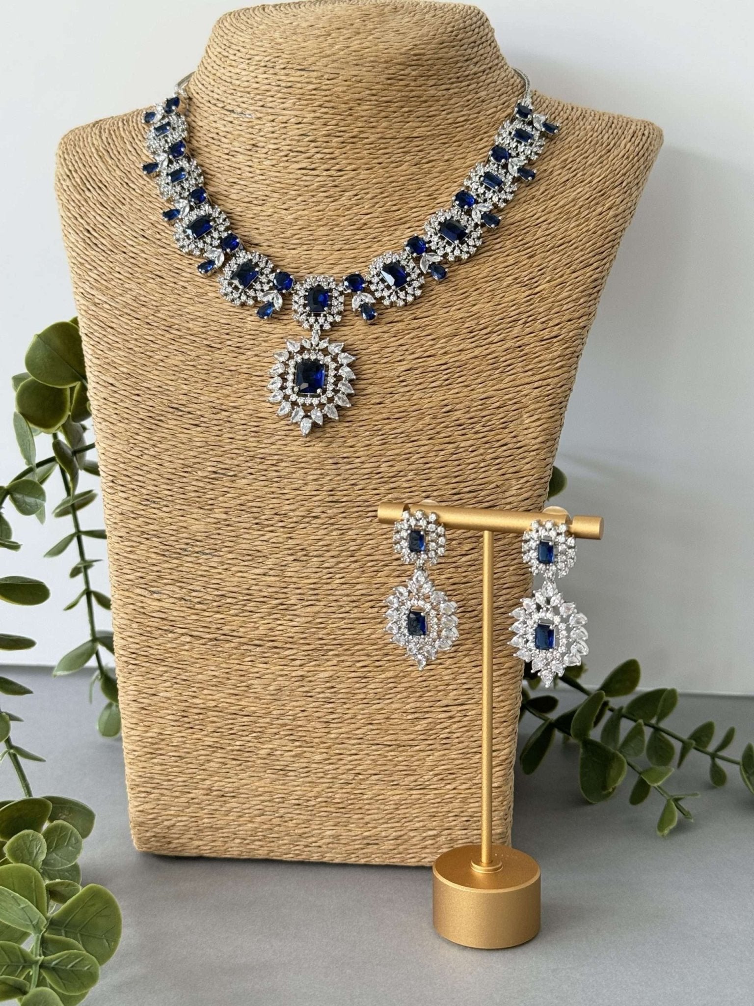 Sq Drop Necklace Set – Sapphire - nk collection