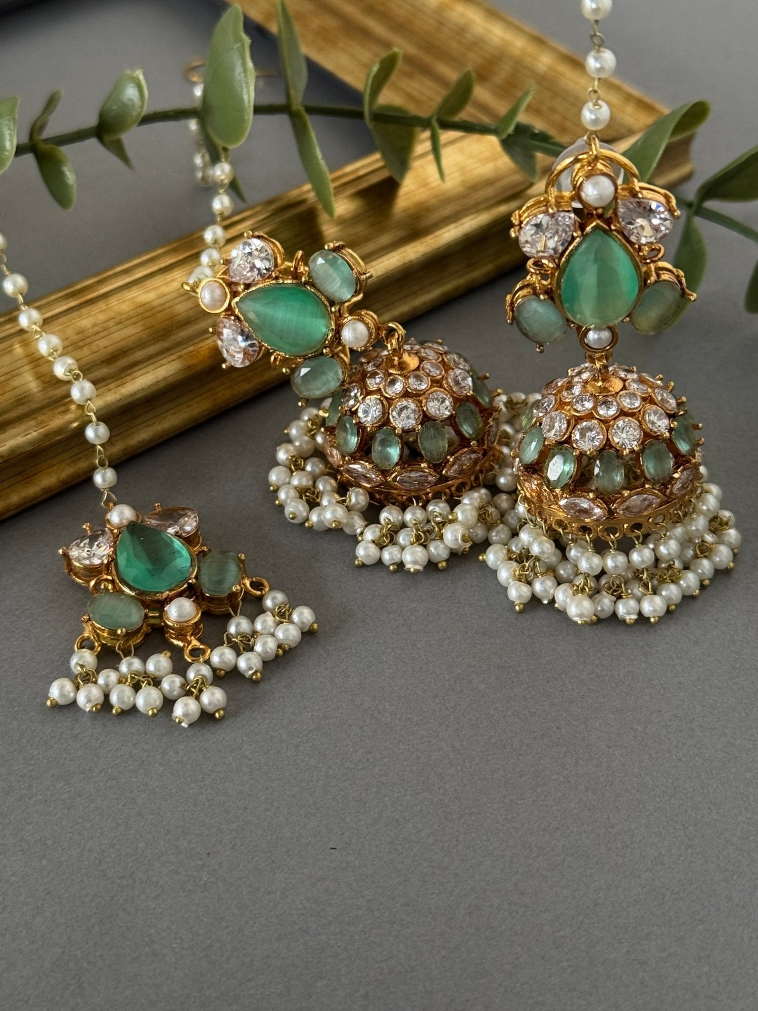 Zircon Mint Jhumki Tikka Set - nk collection
