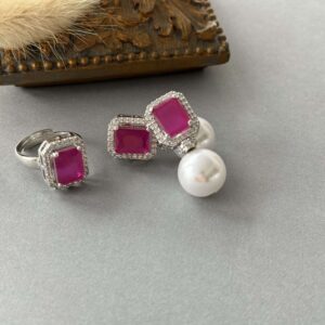 Sq Pearl Drop Stud Ring Set – Ruby