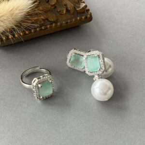 Sq Pearl Drop Stud Ring Set – Mint