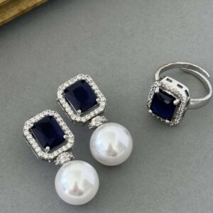 Sapphire Sq Pearl Drop Ring Set